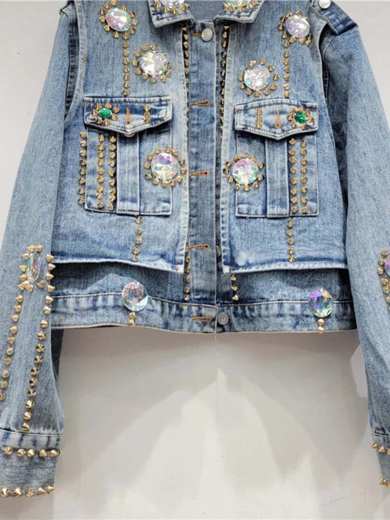 Kay's Handmade Design Rhinestone Beaded Slimming All-Matching Short Denim Jean Jacket (Trendy)