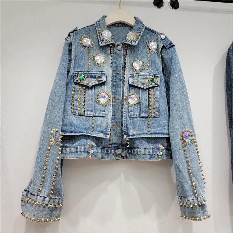 Kay's Handmade Design Rhinestone Beaded Slimming All-Matching Short Denim Jean Jacket (Trendy)