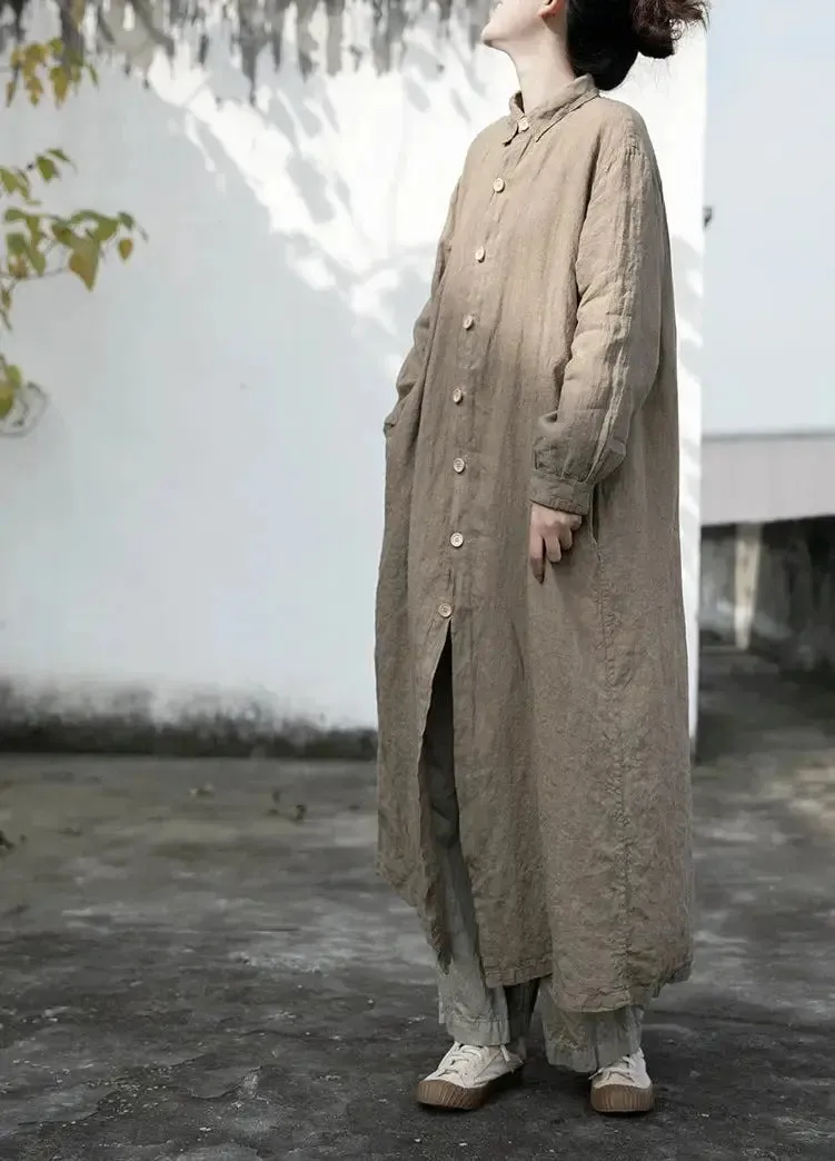 Khaki Linen Shirt Dress Retro Style Loose Fit Shirt Dress for Women