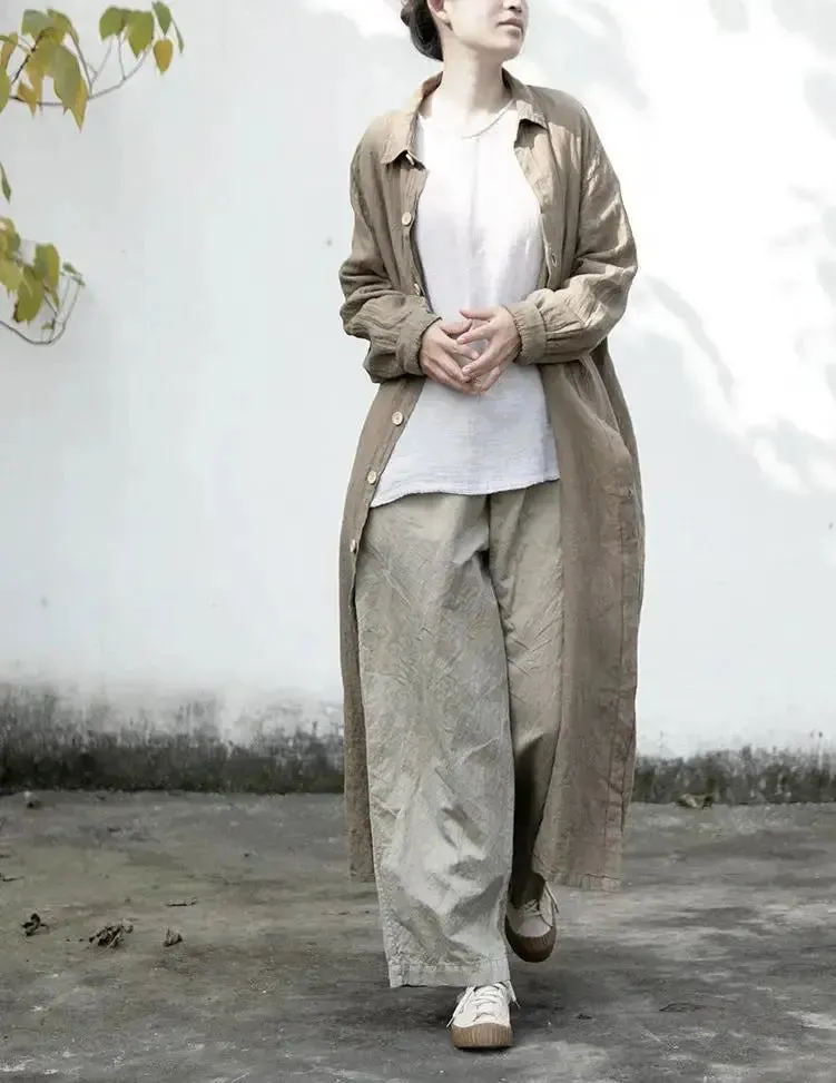 Khaki Linen Shirt Dress Retro Style Loose Fit Shirt Dress for Women