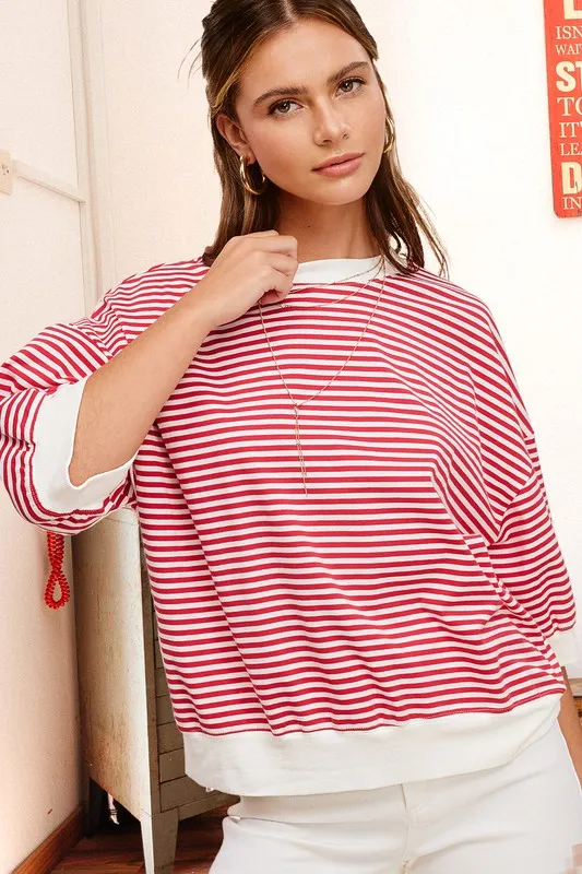 LA MIEL Crew Neck Stripe Short Sleeve Top