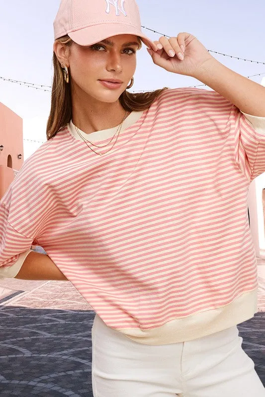 LA MIEL Crew Neck Stripe Short Sleeve Top