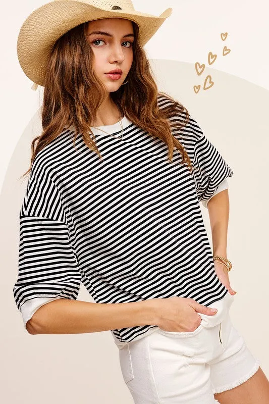 LA MIEL Crew Neck Stripe Short Sleeve Top