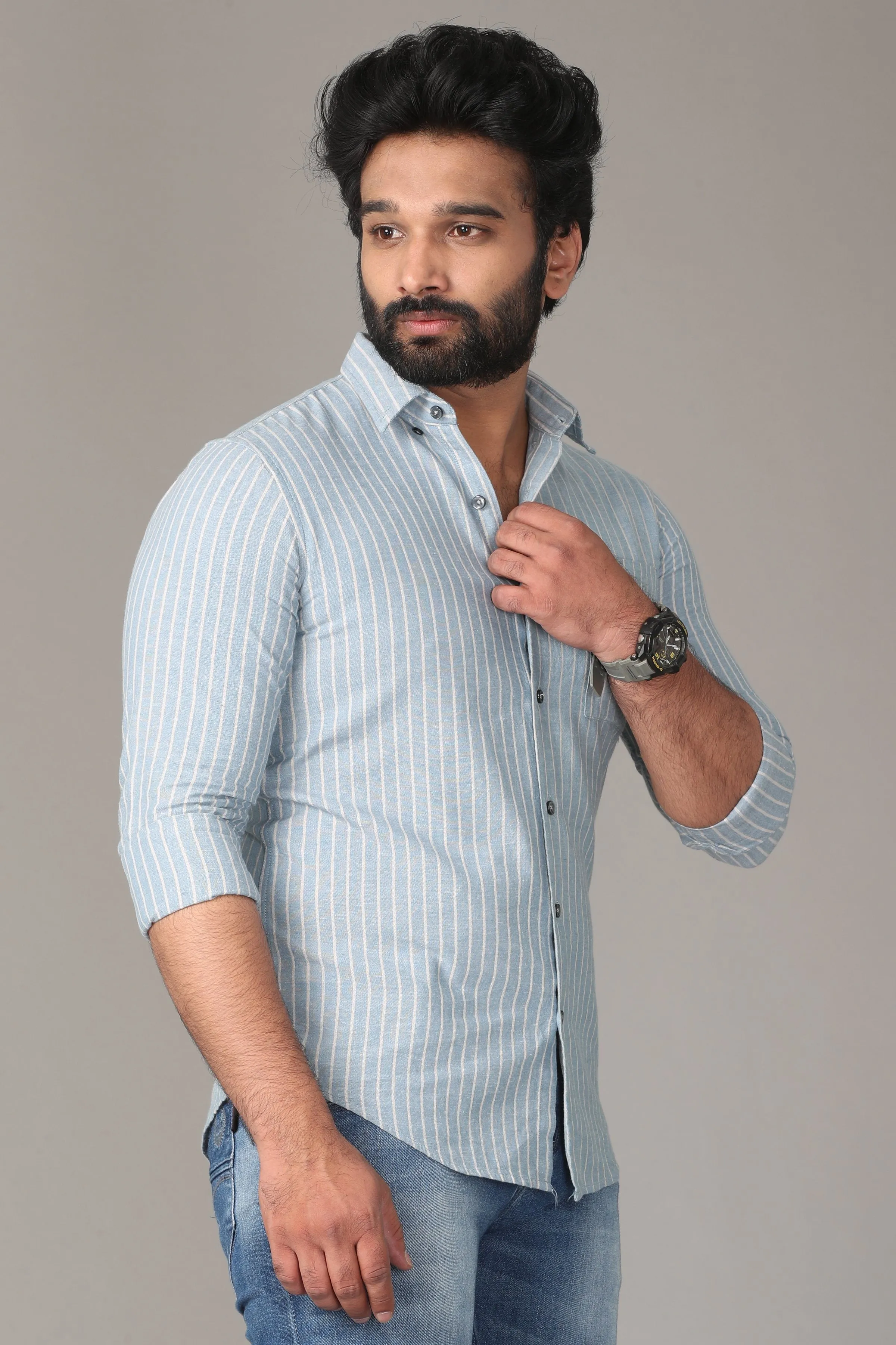 Light Blue Striped Full Sleeve Shirt