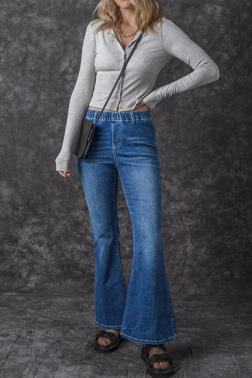 Low-rise Elastic Waist Flared Denim Blue Jeans