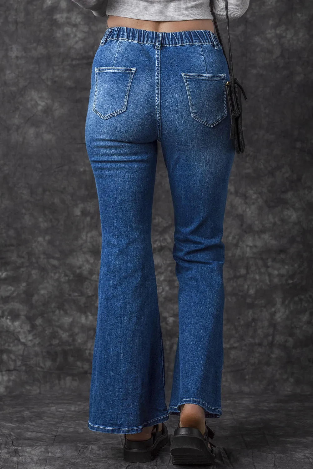 Low-rise Elastic Waist Flared Denim Blue Jeans