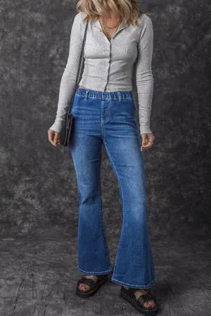 Low-rise Elastic Waist Flared Denim Blue Jeans