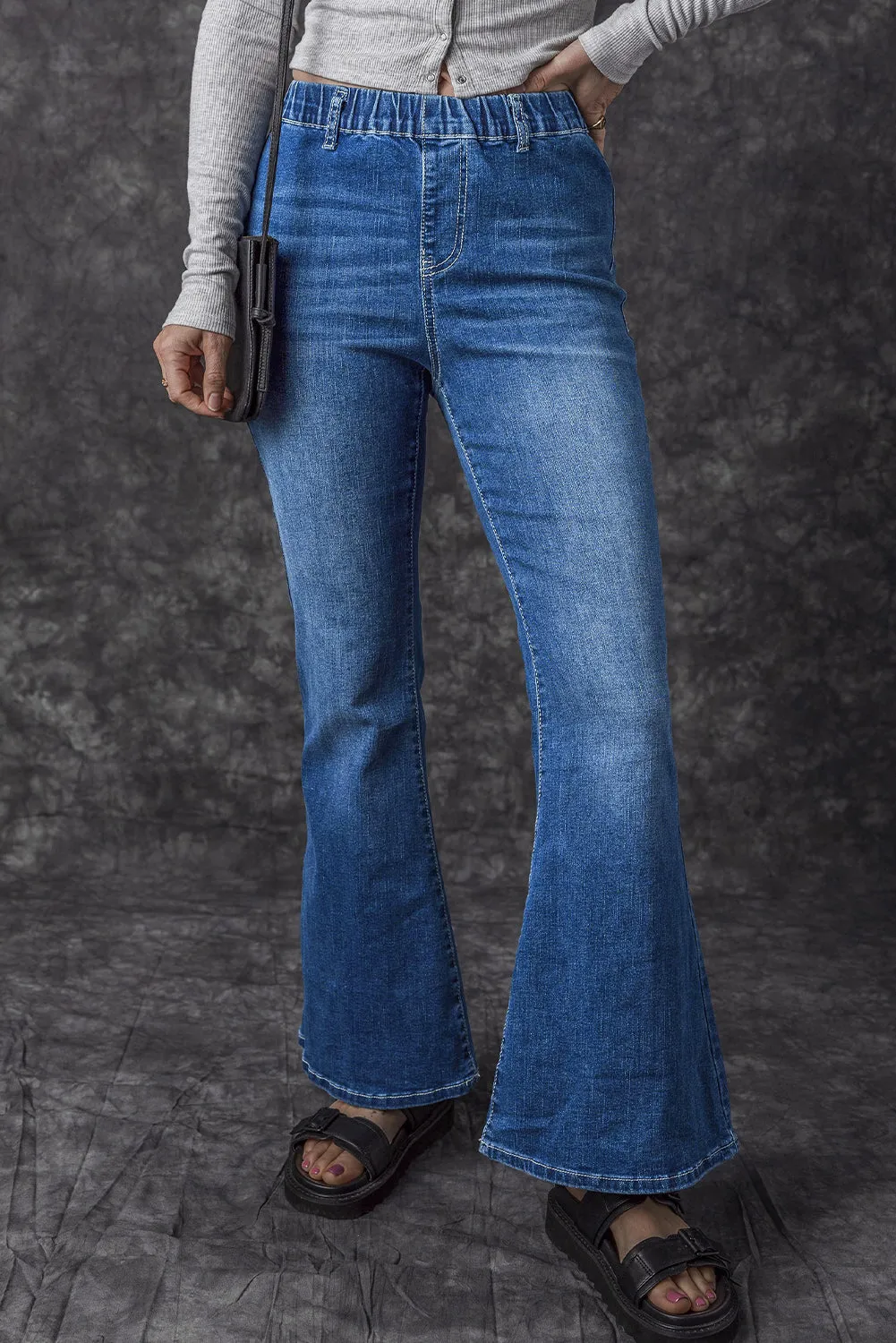 Low-rise Elastic Waist Flared Denim Blue Jeans