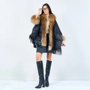 Luxe fur-trimmed duck down poncho wholesale