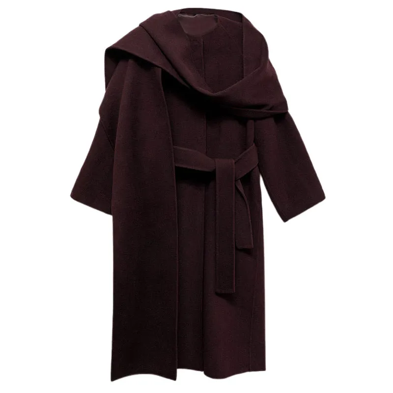 Luxurious Burgundy Winter Coat with Scarf