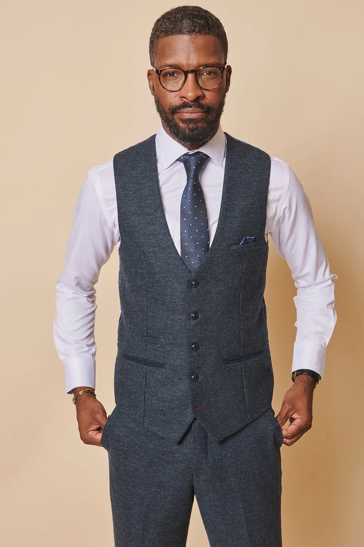 MARLOW - Blue Tweed Single Breasted Waistcoat