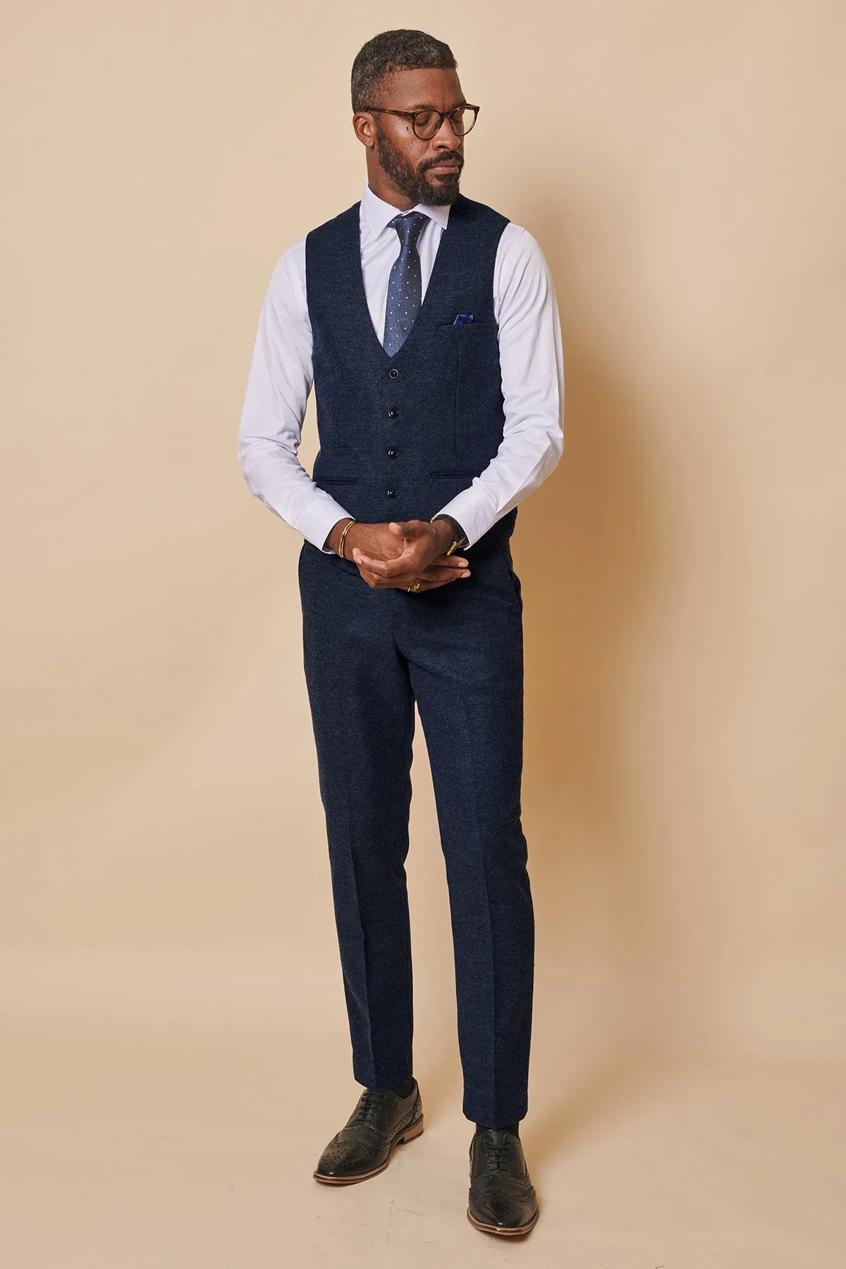 MARLOW - Navy Tweed Single Breasted Waistcoat