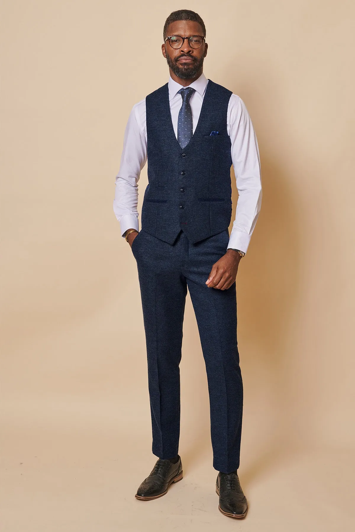 MARLOW - Navy Tweed Single Breasted Waistcoat