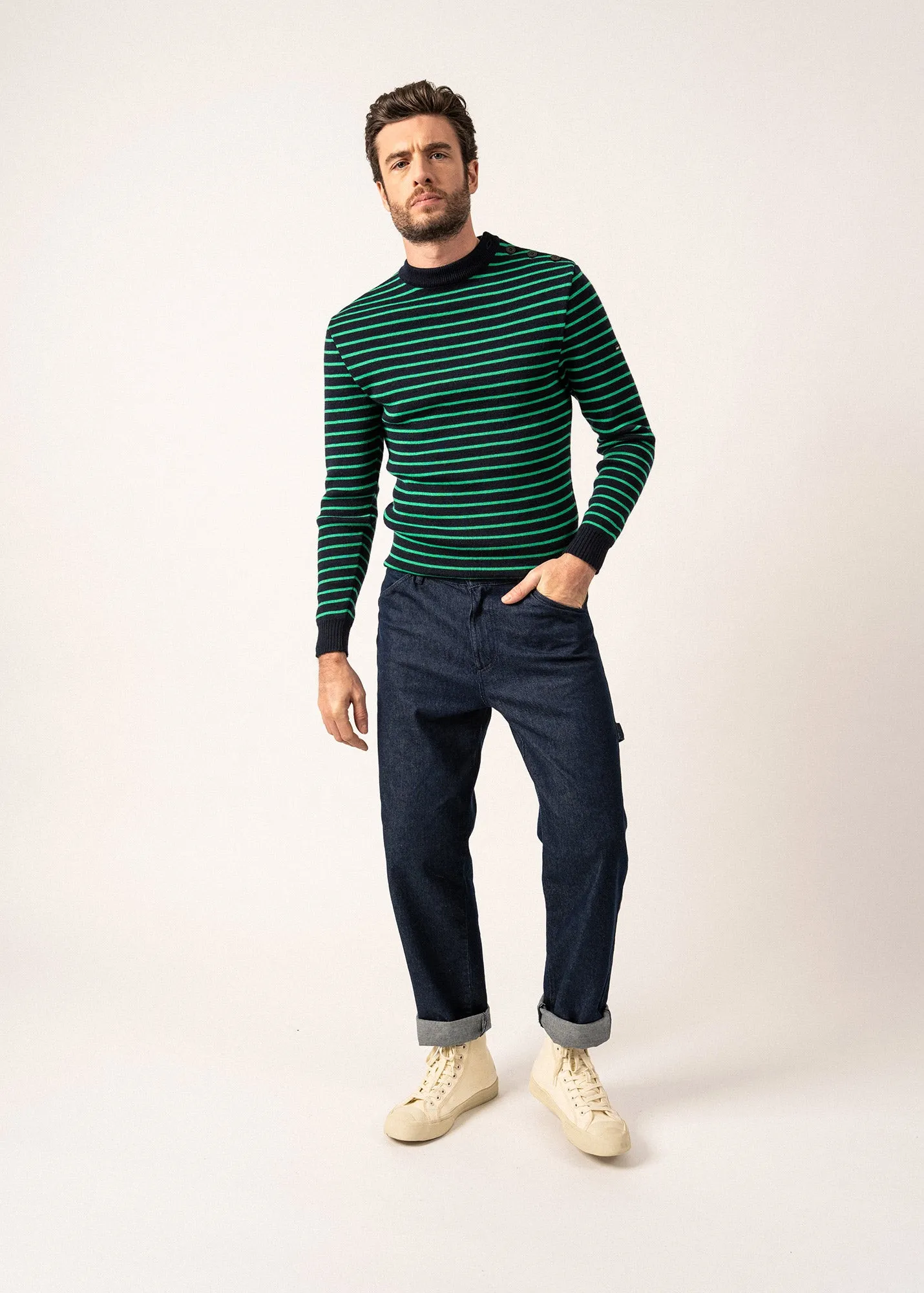 Matelot authentic striped sailor jumper - slim fit, in pure new wool (MARINE/TREFLE)