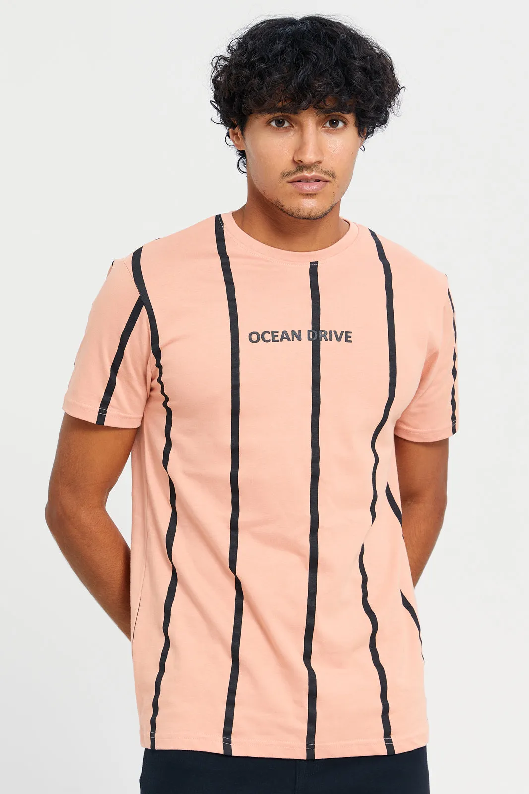 Men Apricot Striped T-Shirt