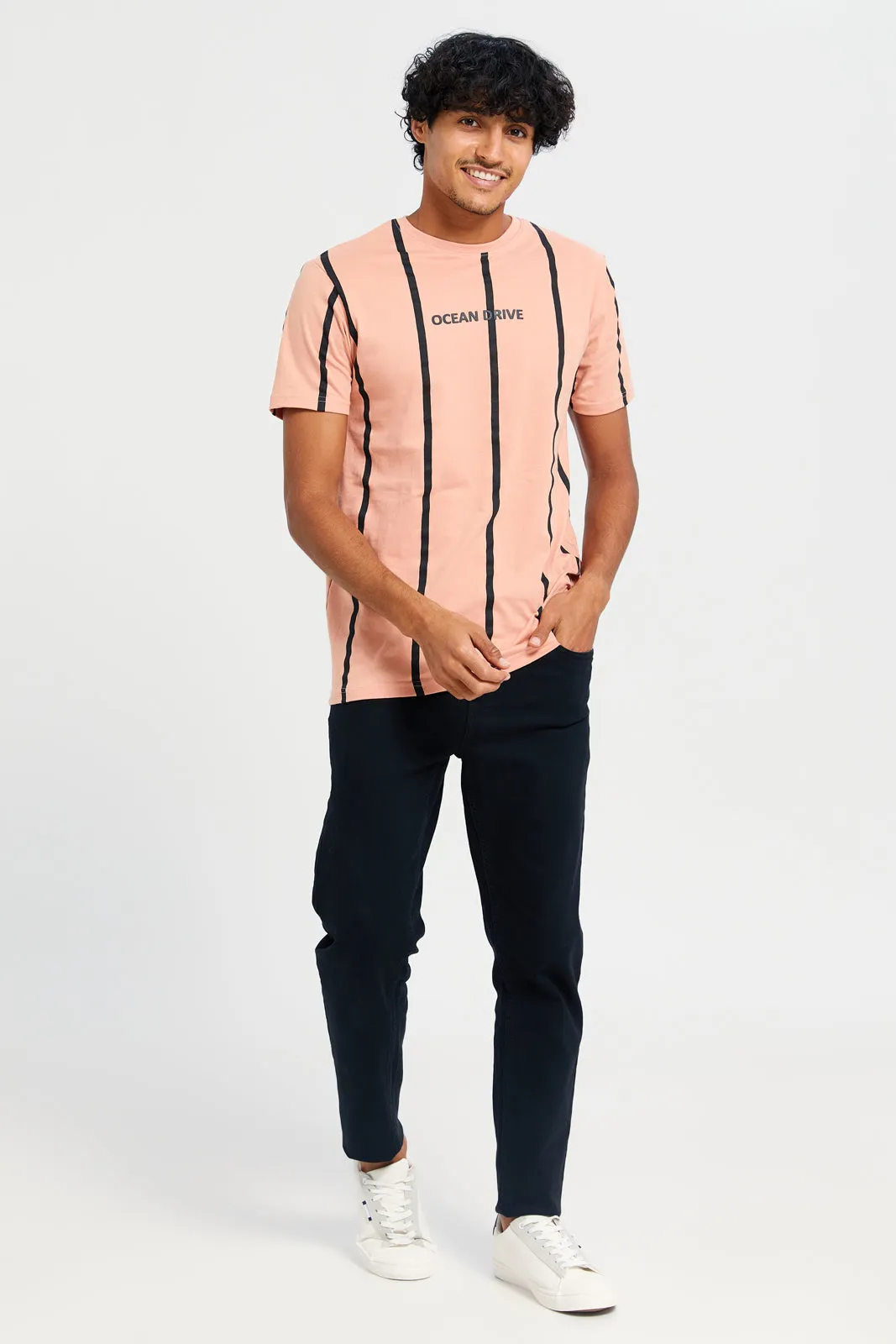 Men Apricot Striped T-Shirt