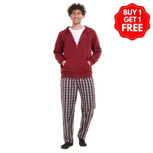 Men Winter Pajama 3 PCS Set Dark Red Sweatshirt  Off-white t-shirt   Dark Red x Black Checkered Pants