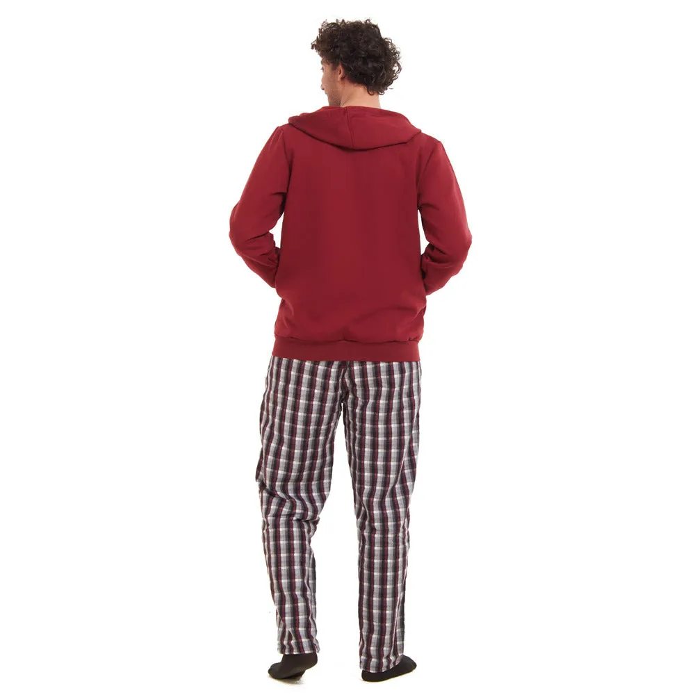 Men Winter Pajama 3 PCS Set Dark Red Sweatshirt  Off-white t-shirt   Dark Red x Black Checkered Pants