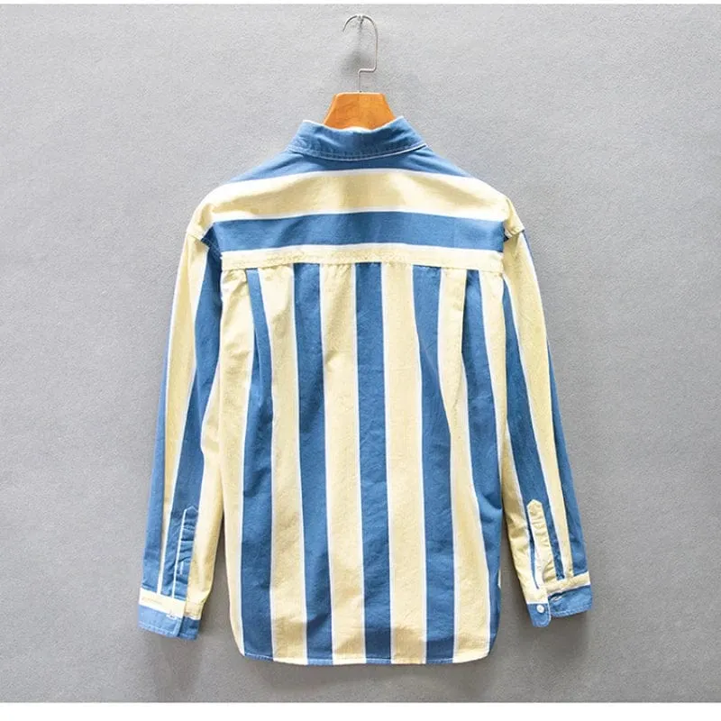 Men's Blue and Yellow Striped Loose Casual Shirt with Big Pockets - Comfortable Cotton Style