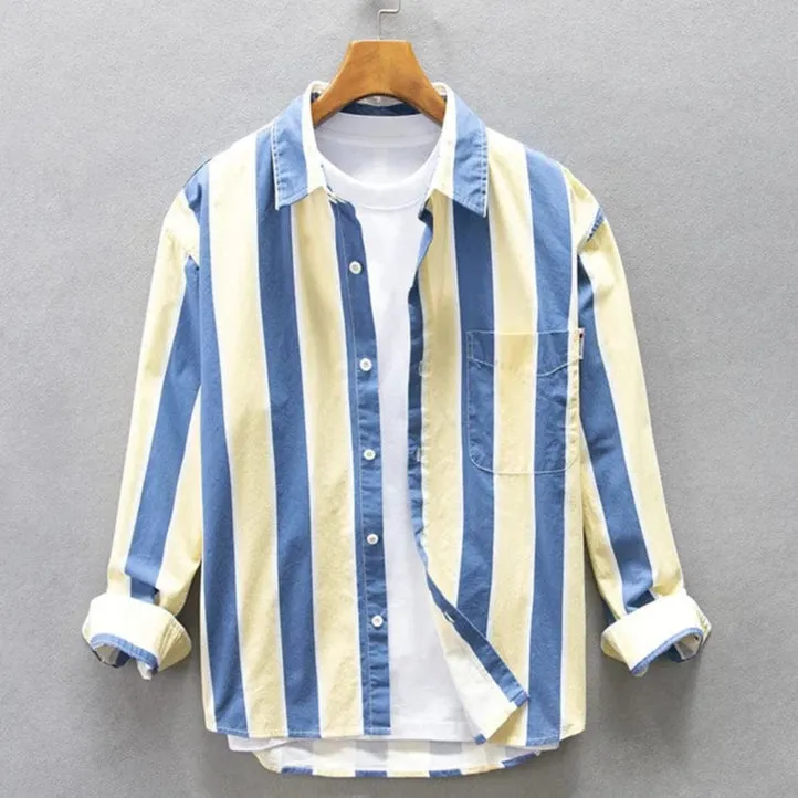 Men's Blue and Yellow Striped Loose Casual Shirt with Big Pockets - Comfortable Cotton Style