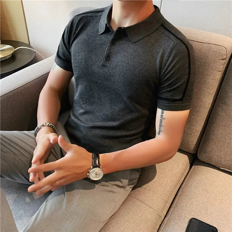 Men's Color Block Striped Knitted Polo Shirt – Slim Fit Short Sleeve Cotton Lapel Streetwear Tee