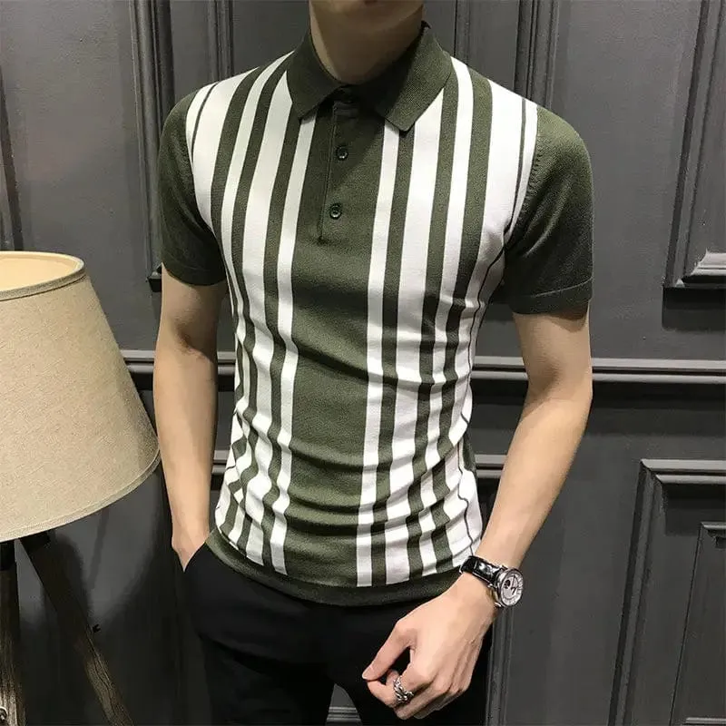 Men's Striped Polo Shirt: Short Sleeve Business Casual Lapel Streetwear Fashion Slim Versatile Top for Summer