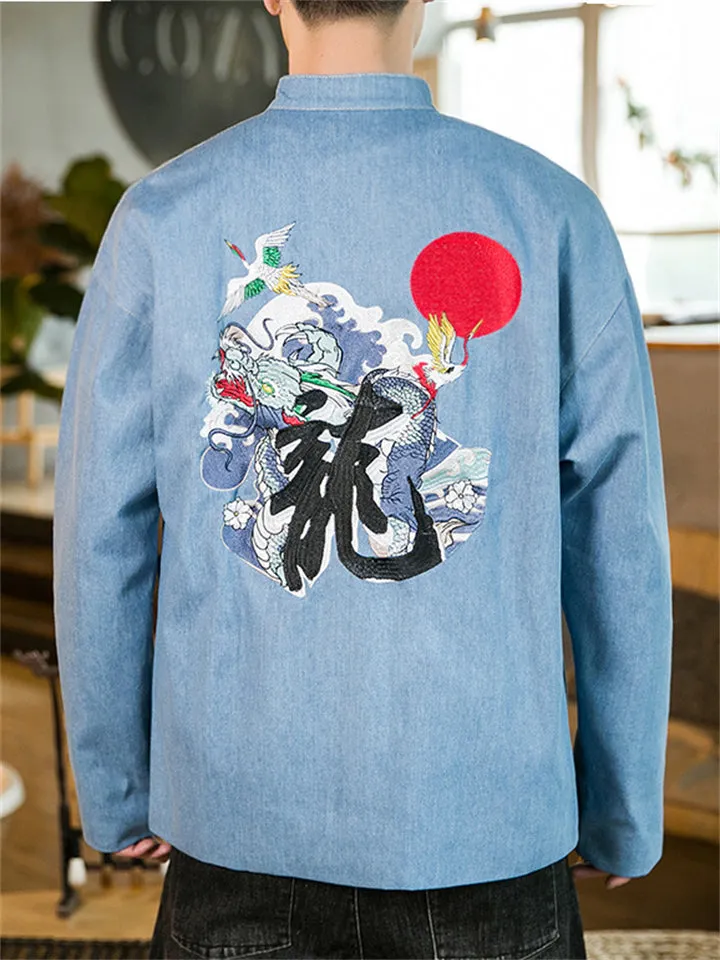 Men's Trendy Stand Collar Knot Button Denim Embroidery Jacket