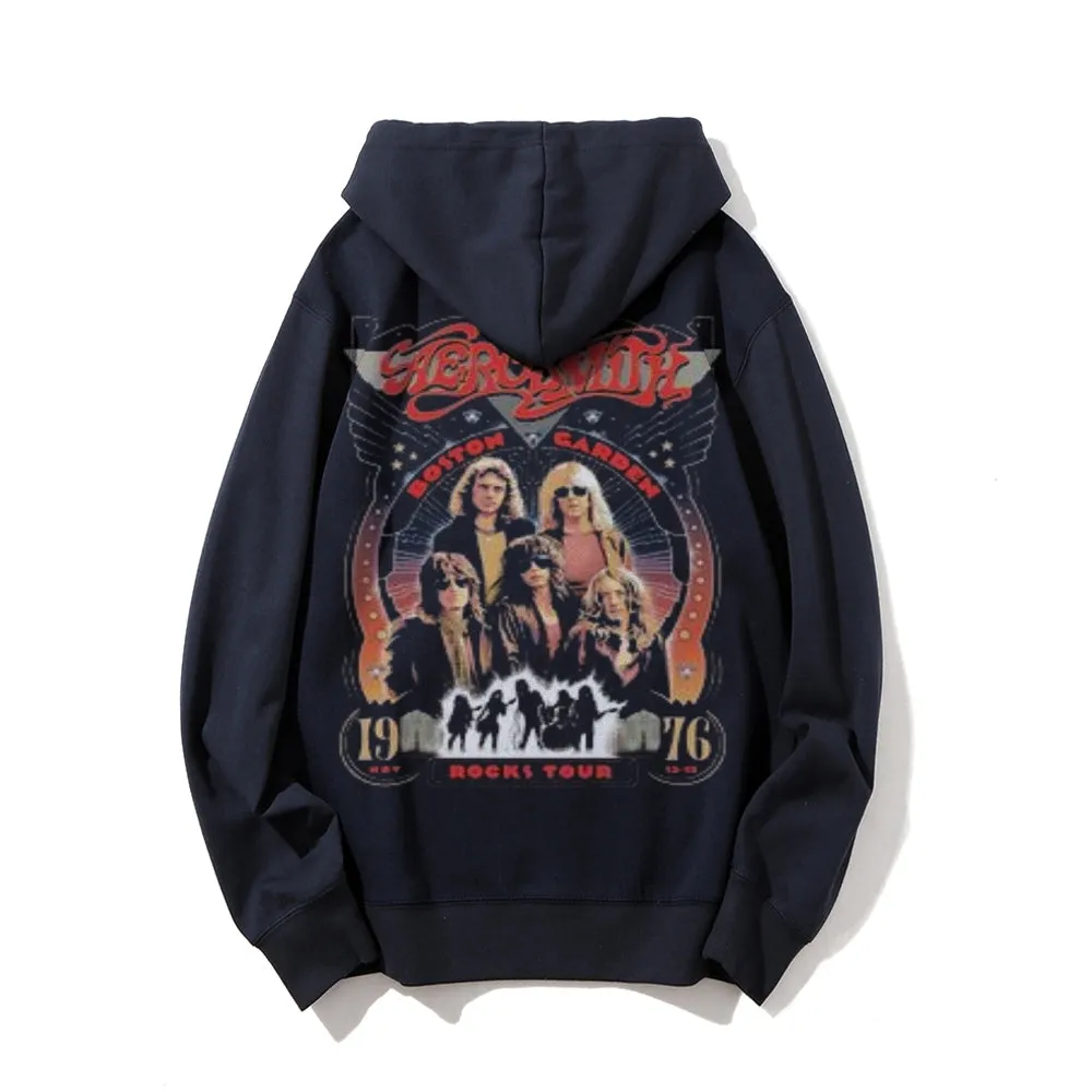 Mens Vintage Aerosmith Rocks Darkness Style Print Graphic Pullover With Kangaroo Pocket Hoodies