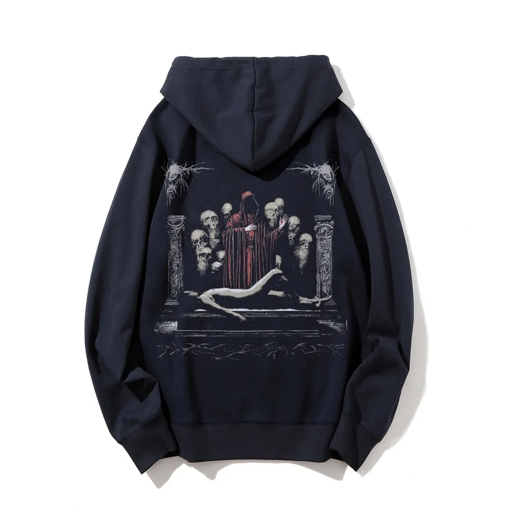 Mens Vintage Evil Death Darkness Style Print  Graphic Pullover With Kangaroo Pocket Hoodies