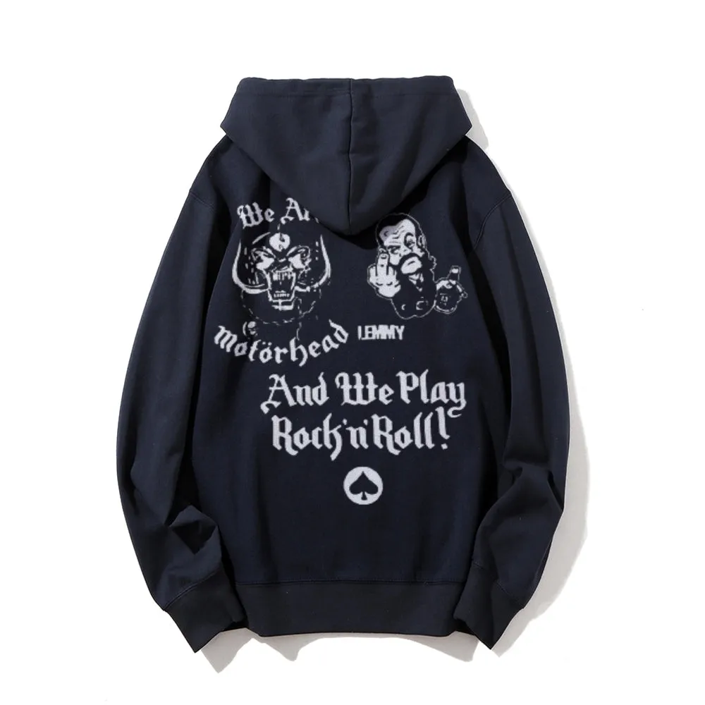 Mens Vintage We Play Rock Roll Darkness Style Print Graphic Pullover With Kangaroo Pocket Hoodies