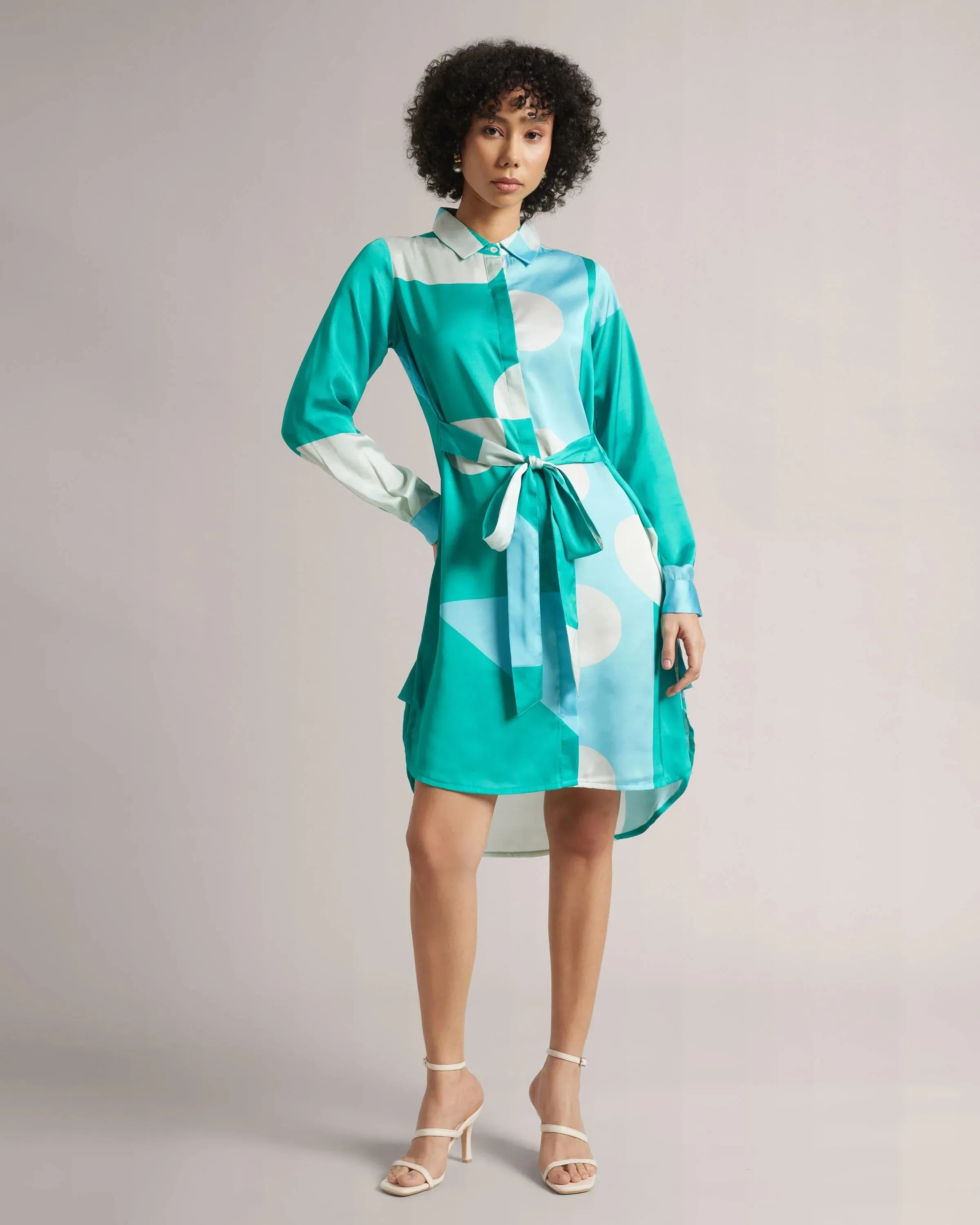 Mint Blue Satin Abstract Print Shirt Style Mini Dress