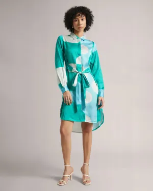 Mint Blue Satin Abstract Print Shirt Style Mini Dress