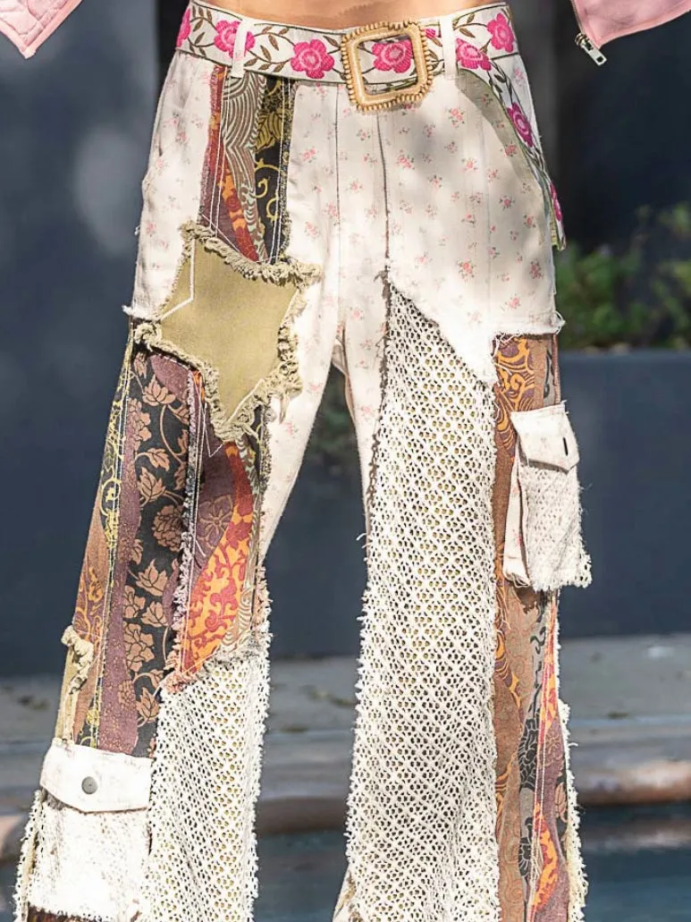 Mix printed fabrics patched wide cargo pants