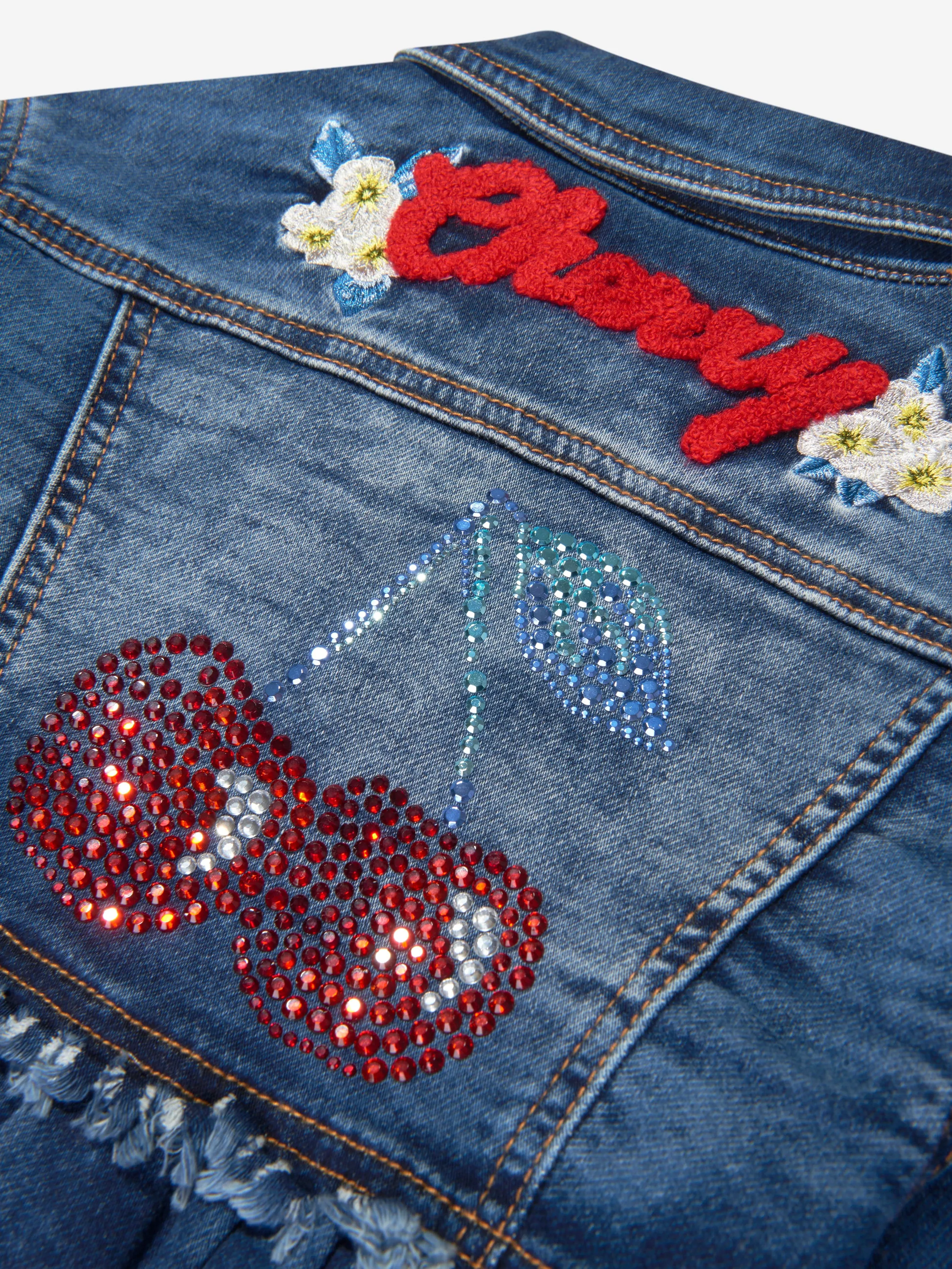 Monnalisa Girls Embroidered Cherries Denim Jacket In Blue