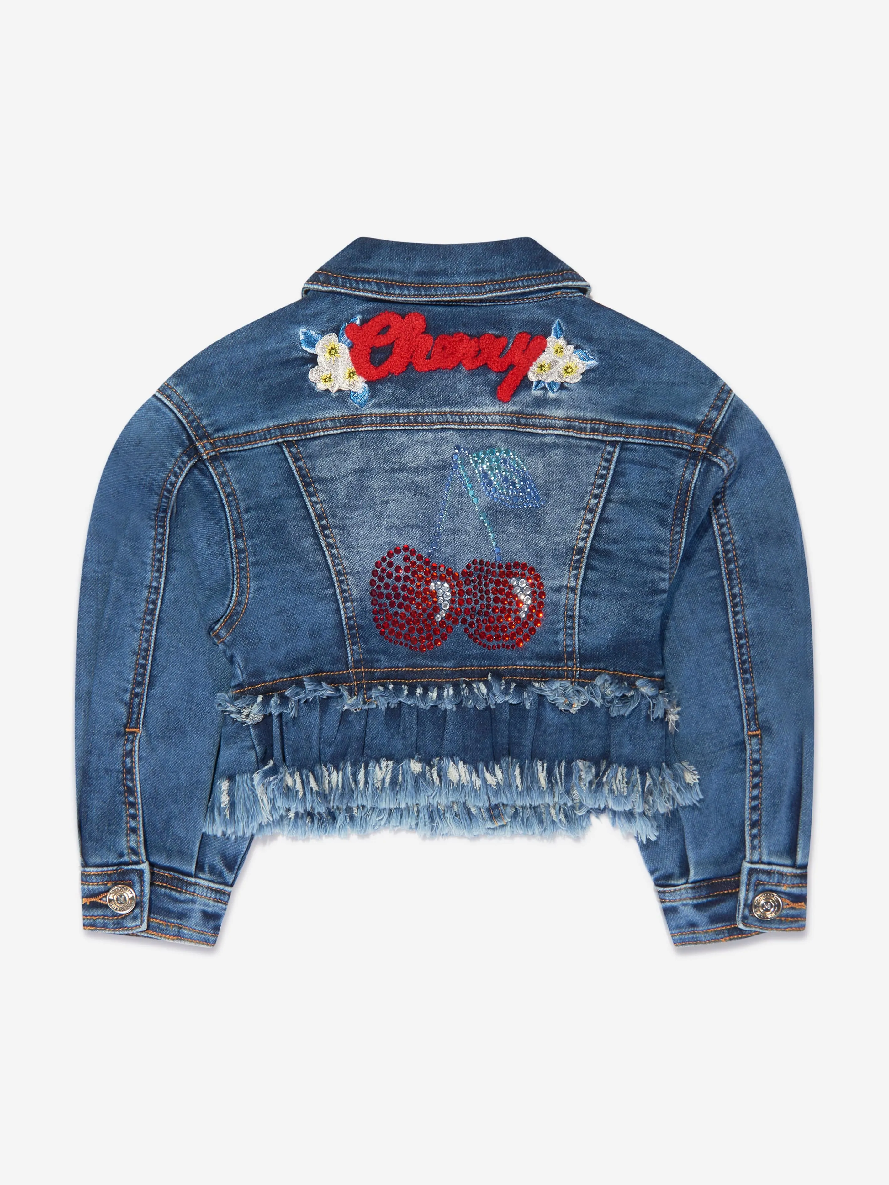 Monnalisa Girls Embroidered Cherries Denim Jacket In Blue