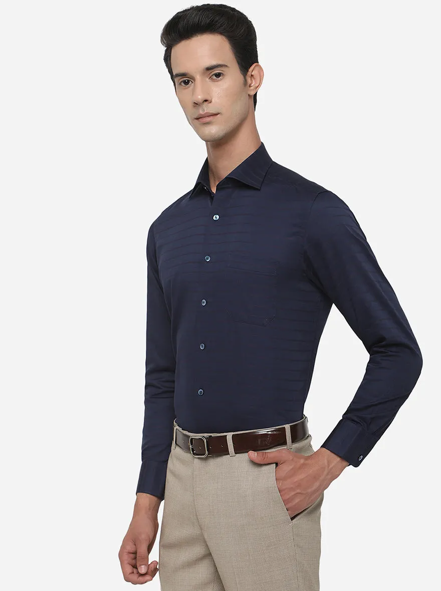 Navy Blue Striped Slim Fit Formal Shirt | Metal