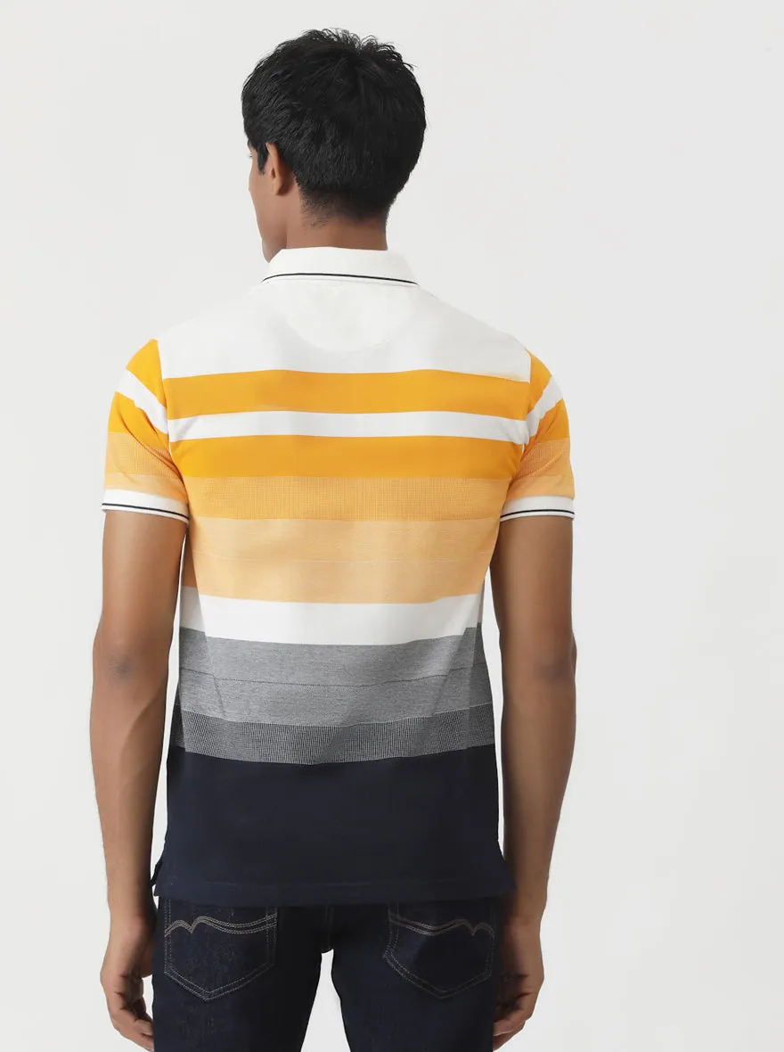 Orange & Navy Blue Striped Slim Fit Polo T-Shirt | Greenfibre