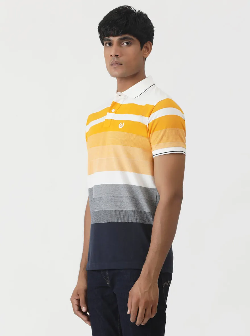 Orange & Navy Blue Striped Slim Fit Polo T-Shirt | Greenfibre