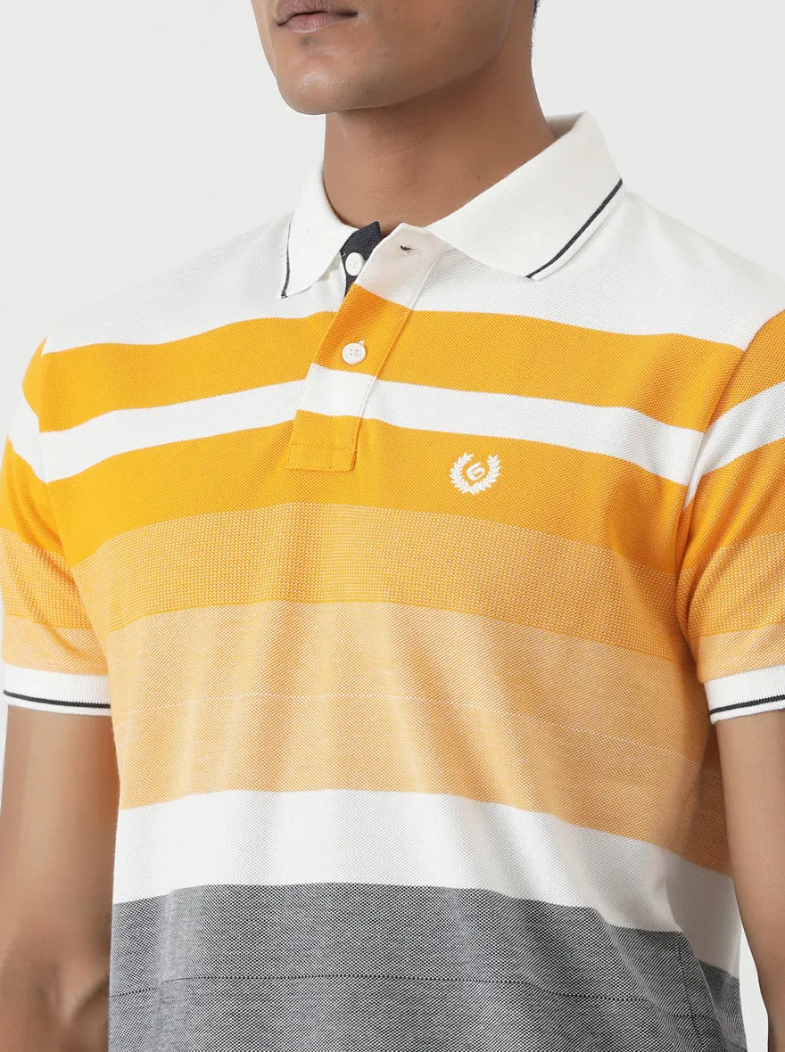 Orange & Navy Blue Striped Slim Fit Polo T-Shirt | Greenfibre