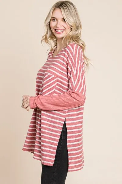 Oversize Striped Round Neck Long Sleeve Slit T-Shirt