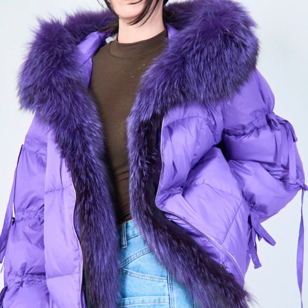 Oversized puffer duck down jacket with faux fur hood wholesale