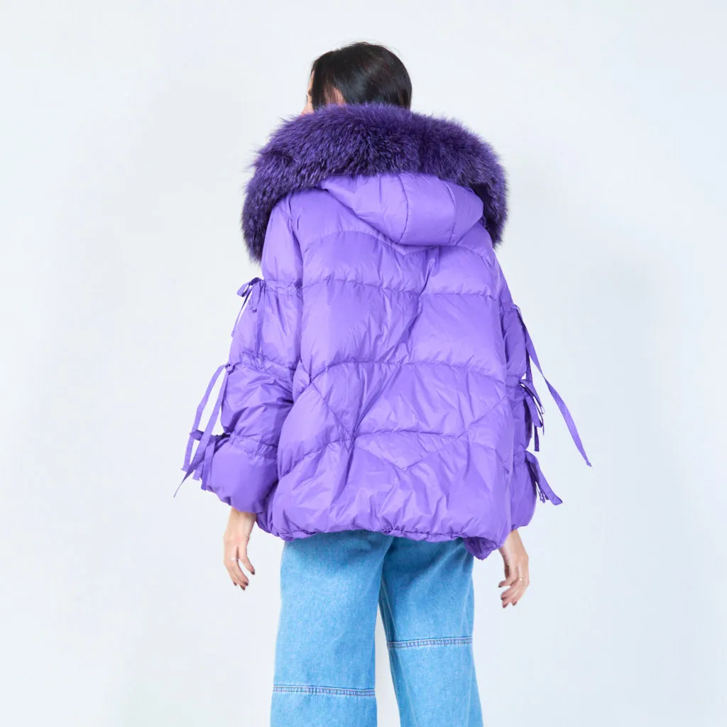 Oversized puffer duck down jacket with faux fur hood wholesale