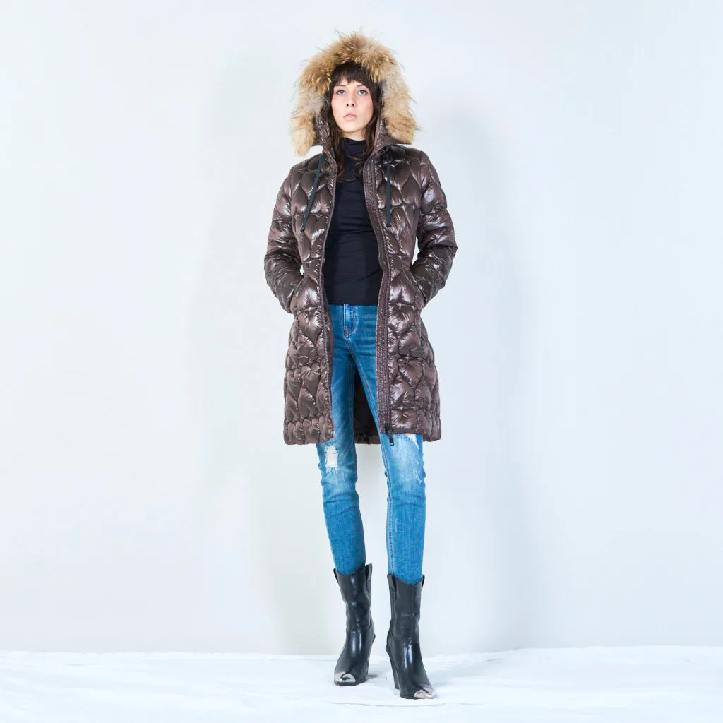 Quilted long jacket with heart pattern and fur hood wholesale