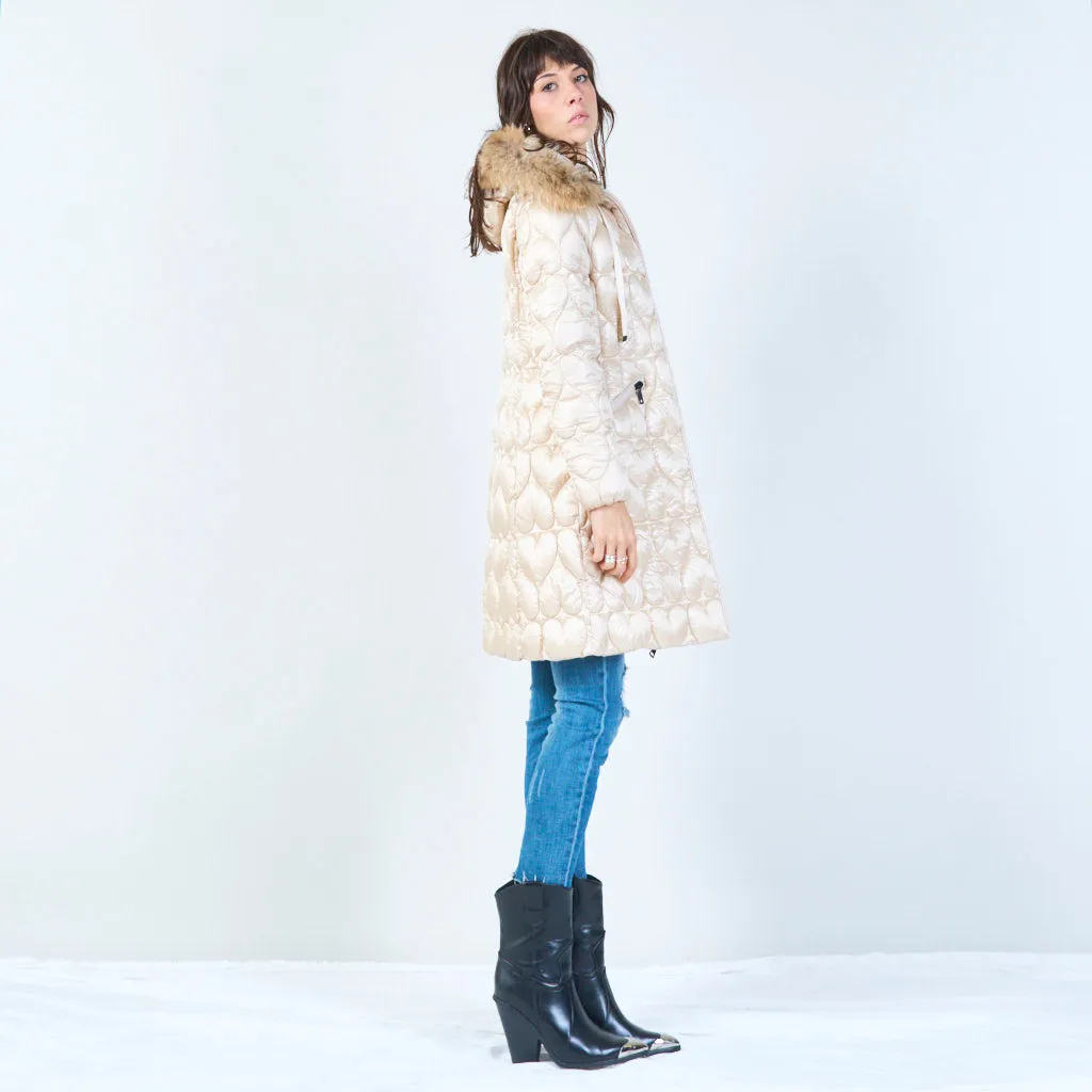 Quilted long jacket with heart pattern and fur hood wholesale