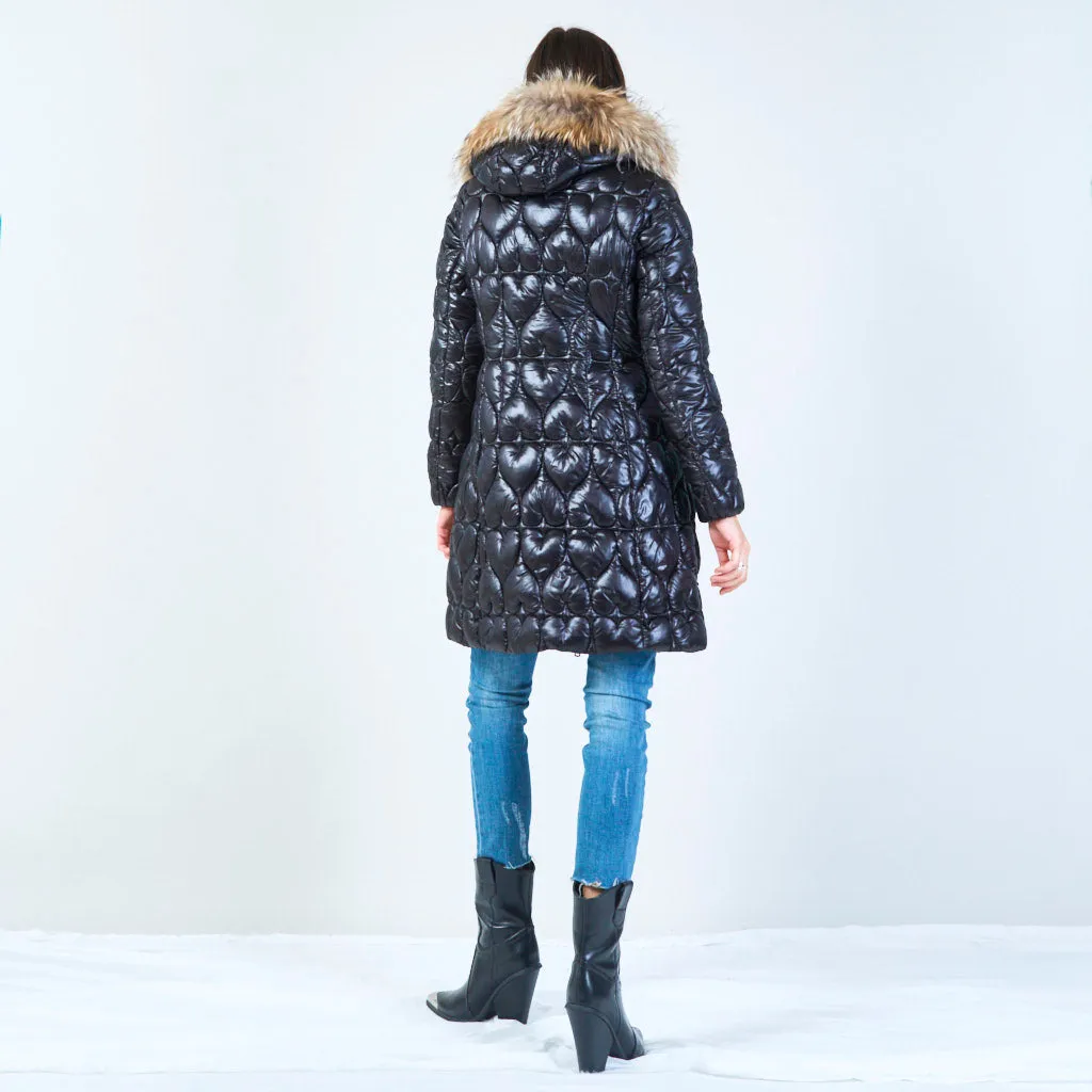 Quilted long jacket with heart pattern and fur hood wholesale