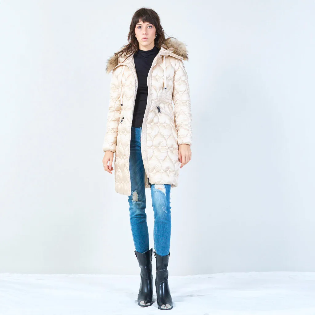 Quilted long jacket with heart pattern and fur hood wholesale