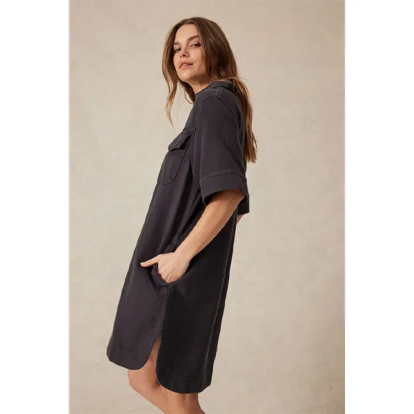 Relaxed Short Sleeve Shirt Dress - Washed Black Twill