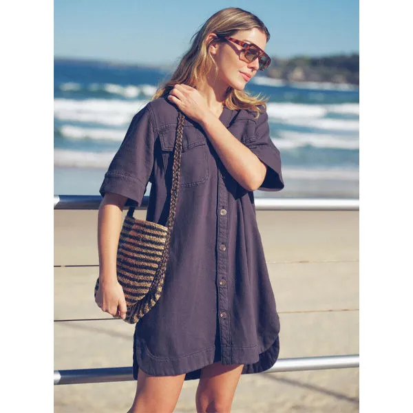 Relaxed Short Sleeve Shirt Dress - Washed Black Twill