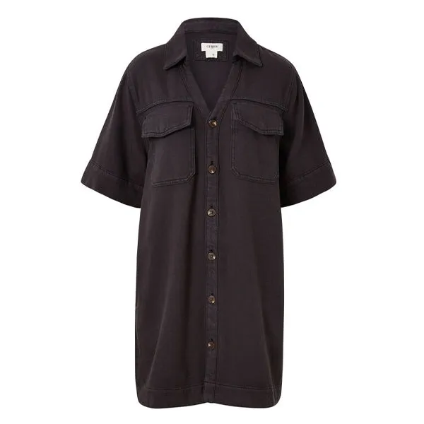 Relaxed Short Sleeve Shirt Dress - Washed Black Twill