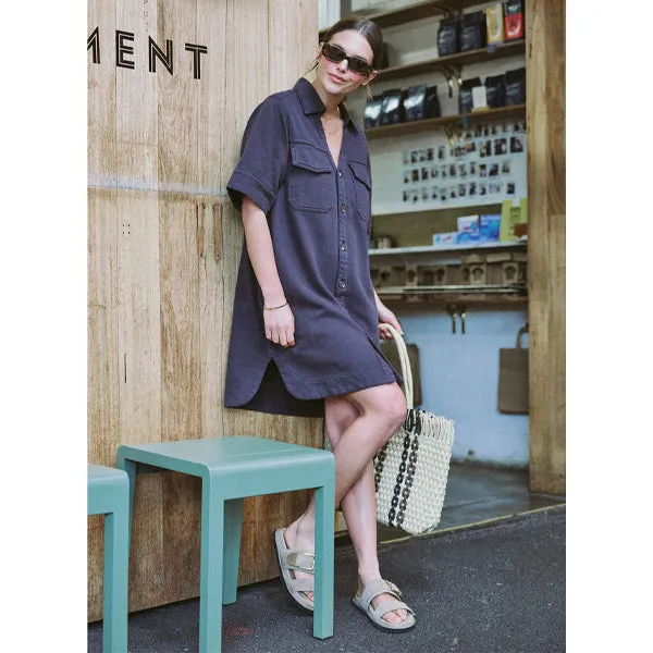 Relaxed Short Sleeve Shirt Dress - Washed Black Twill